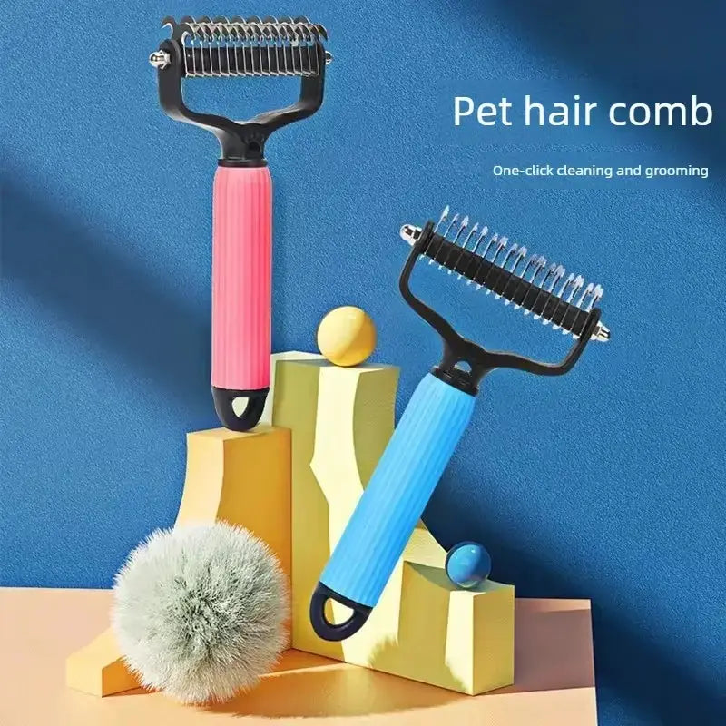 Double-Sided Stainless Steel Pet Detangling Comb for Dogs - Professional Grooming Tool for Coat Care and Shedding Removal with One-Click Cleaning Feature