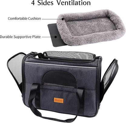 Premium Portable Cat Carrier - Soft-Sided Travel Bag for Cats and Small Dogs, Airline Approved with Shoulder Strap, Removable Mat, and Pet Bowl
