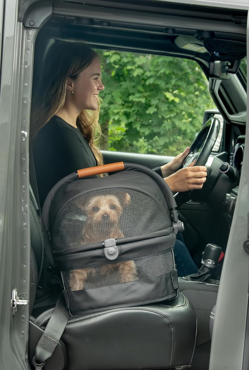No-Zip View 360 Ultra Lite Pet Safety Carrier and Car Seat for Small Dogs and Cats with Push Button Entry, 15", Onyx
