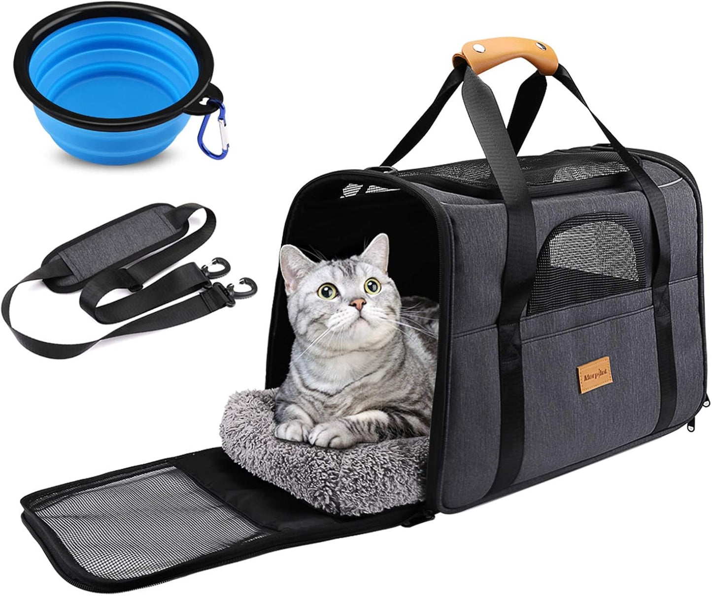 Premium Portable Cat Carrier - Soft-Sided Travel Bag for Cats and Small Dogs, Airline Approved with Shoulder Strap, Removable Mat, and Pet Bowl