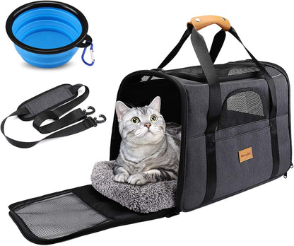 Premium Portable Cat Carrier - Soft-Sided Travel Bag for Cats and Small Dogs, Airline Approved with Shoulder Strap, Removable Mat, and Pet Bowl